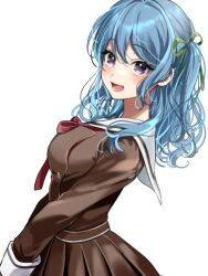 Rule 34 | 1girl, :d, bang dream!, blue hair, breasts, brown dress, buttons, commentary request, cowboy shot, double-breasted, dress, from side, green ribbon, hair between eyes, hair ribbon, hanasakigawa school uniform, long hair, long sleeves, looking at viewer, looking to the side, lower teeth only, matsubara kanon, medium breasts, neck ribbon, one side up, open mouth, pleated dress, red ribbon, ribbon, roko (pe0e07), sailor collar, school uniform, serafuku, simple background, smile, solo, standing, symbol-shaped pupils, teeth, v arms, wavy hair, white background, white sailor collar
