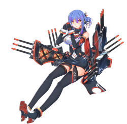 Rule 34 | 12cat, 1girl, alternate costume, bare shoulders, black thighhighs, blue hair, breath, cannon, character name, clothes writing, elbow gloves, eyes visible through hair, framed breasts, full body, gloves, hair between eyes, hair up, helena (warship girls r), highres, looking at viewer, mecha musume, miniskirt, mittens, red eyes, scarf, sitting, skirt, solo, thighhighs, warship girls r, white background, winter clothes