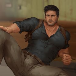 Rule 34 | 1boy, appas, bara, beard, belt, black hair, black shirt, blurry, blurry background, brown pants, bulge, facial hair, highres, large pectorals, looking at viewer, male focus, muscular, muscular male, nathan drake, pants, pectoral cleavage, pectorals, shirt, short hair, sitting, solo, uncharted, uncharted: the lost legacy, uncharted 2, uncharted 3, uncharted 4