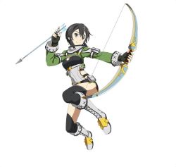Rule 34 | 1girl, arrow (projectile), asada shino, black eyes, black gloves, black hair, black shorts, black thighhighs, boots, bow (weapon), cross-laced footwear, fingerless gloves, full body, gloves, grey footwear, grey scarf, hair between eyes, hair ribbon, holding, holding arrow, holding bow (weapon), holding weapon, lace-up boots, ribbon, scarf, short hair with long locks, short shorts, shorts, simple background, solo, sword art online, thighhighs, weapon, white background, white ribbon