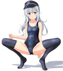 Rule 34 | 1girl, absurdres, anchor symbol, black hat, black thighhighs, blue eyes, blue one-piece swimsuit, commentary request, flat cap, full body, hat, hibiki (kancolle), highres, kantai collection, long hair, looking at viewer, old school swimsuit, one-piece swimsuit, parted lips, school swimsuit, silver hair, simple background, solo, squatting, swimsuit, takafumi, thighhighs, white background