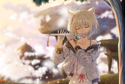 Rule 34 | 1girl, animal ears, braid, camisole, cat ears, closed eyes, commentary, fingerless gloves, flute, gloves, half gloves, highres, instrument, jacket, long sleeves, mio (xenoblade), open clothes, open jacket, playing flute, short hair, skirt, solo, transverse flute, tree, white camisole, white gloves, white hair, white jacket, white skirt, xenoblade chronicles (series), xenoblade chronicles 3, zanmu no sora