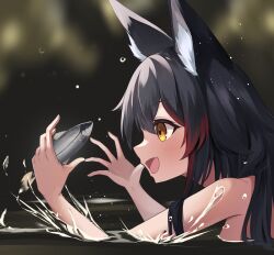 Rule 34 | 1girl, animal ear fluff, animal ears, black hair, blurry, blurry background, blush, cet (hajisirazunoko), commentary request, fang, fish, hair between eyes, highres, hololive, long hair, multicolored hair, ookami mio, open hands, open mouth, partially submerged, red hair, sidelocks, simple background, skin fang, solo, streaked hair, virtual youtuber, wolf ears, wolf girl, yellow eyes