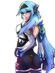 Rule 34 | 1girl, artist request, ass, bare shoulders, blue hair, breasts, cape, detached sleeves, eula (genshin impact), from behind, genshin impact, gloves, hairband, highres, long hair, looking at viewer, looking back, shiny clothes, shiny skin, short shorts, shorts, sideboob, smile, solo, thighhighs, unitard, yellow eyes