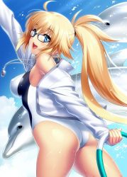 Rule 34 | 1girl, 2others, ahoge, ass, blonde hair, blue eyes, blue sky, cloud, competition swimsuit, cowboy shot, day, dolphin, fate/grand order, fate (series), glasses, highleg, highleg swimsuit, hoop, jacket, jeanne d&#039;arc (fate), jeanne d&#039;arc (ruler) (fate), jeanne d&#039;arc (swimsuit archer) (fate), jeanne d&#039;arc (swimsuit archer) (second ascension) (fate), multiple others, one-piece swimsuit, open mouth, outdoors, ponytail, sky, smile, swimsuit, teeth, twintails, upper teeth only, whistle, whistle around neck, white jacket, white one-piece swimsuit, zen
