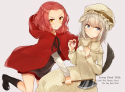 Rule 34 | 10s, 2girls, axe, bad id, bad pixiv id, big bad wolf, big bad wolf (cosplay), black footwear, blue eyes, boots, brown eyes, character name, checkered clothes, checkered dress, cloak, closed mouth, cosplay, dress, english text, fake tail, girls und panzer, glasses, grandmother (little red riding hood), grandmother (little red riding hood) (cosplay), grey dress, hat, highres, holding, holding axe, holding removed eyewear, hood, hooded cloak, itsumi erika, koretsuna, little red riding hood, little red riding hood (grimm), little red riding hood (grimm) (cosplay), long sleeves, looking at viewer, mob cap, multiple girls, parted bangs, red cloak, red hair, rosehip (girls und panzer), round eyewear, short dress, short hair, silver hair, sitting, smile, tail, unworn eyewear, weapon, wolf tail, yellow dress, yellow hat