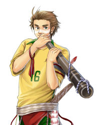 Rule 34 | 1boy, 2010 fifa world cup, ahoge, australia (hetalia), axis powers hetalia, belt, boomerang, brown hair, clothes writing, didgeridoo, eyebrows, facepaint, feathers, jersey, male focus, sherry lai, sideburns, simple background, smile, soccer, solo, sportswear, traditional clothes, uniform, world cup, yellow eyes