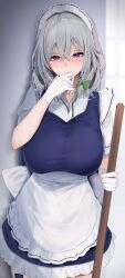 1girl 258n absurdres apron blue_dress blue_eyes blush bow braid breasts dress gloves green_bow grey_hair highres izayoi_sakuya large_breasts maid maid_apron maid_headdress shirt short_hair smile solo touhou twin_braids white_background white_gloves white_shirt