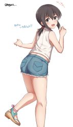 Rule 34 | 1girl, absurdres, alternate costume, ass, bad id, bad twitter id, black eyes, black hair, blue shorts, casual, commentary request, cutoffs, denim, denim shorts, artistic error, from behind, fubuki (kancolle), highres, kantai collection, looking at viewer, looking back, low ponytail, meguru (megurunn), ponytail, shirt, short ponytail, short shorts, shorts, sidelocks, simple background, sleeveless, sleeveless shirt, solo, toeless footwear, translation request, twitter username, white background, white shirt, wrong foot