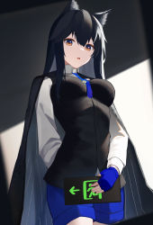 Rule 34 | 1girl, absurdres, animal ear fluff, animal ears, arknights, arm behind back, black cape, black hair, black vest, blue gloves, blue necktie, blue shorts, breasts, brown eyes, cape, cowboy shot, fingerless gloves, gloves, highres, holding, leiroken, long hair, long sleeves, looking at viewer, medium breasts, necktie, open mouth, shirt, shorts, solo, texas (arknights), texas the omertosa (arknights), vest, white shirt, wolf ears