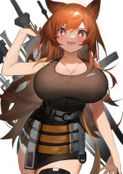 Rule 34 | 1girl, absurdres, animal ears, arknights, belt, breasts, brown hair, ceobe (arknights), cleavage, cool est, dog ears, dog girl, drooling, fang, hand up, highres, large breasts, long hair, open mouth, shirt, skin fang, sleeveless, sleeveless shirt, smile, sparkling eyes