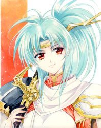 Rule 34 | agahari, angelina, angelina (langrisser), armor, bad id, bad pixiv id, cape, circlet, green hair, holding, holding sword, holding weapon, langrisser, langrisser iv, pauldrons, ponytail, red background, sheath, sheathed, shoulder armor, solo, sword, weapon, white background