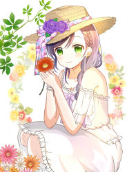 Rule 34 | 1girl, bare shoulders, bow, braid, brown flower, brown hat, closed mouth, dress, earrings, floral background, flower, frilled dress, frills, green eyes, hair between eyes, hair over shoulder, hat, hat flower, highres, holding, holding flower, jewelry, long hair, love live!, love live! school idol festival, love live! school idol project, off-shoulder dress, off shoulder, puffy short sleeves, puffy sleeves, purple bow, purple flower, purple hair, purple rose, red flower, rose, ryoutan, see-through, see-through sleeves, short sleeves, single braid, smile, solo, squatting, sun hat, tojo nozomi, white background, white dress, white flower