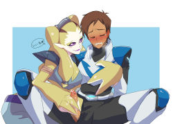 Rule 34 | 1boy, 1girl, blush, brown hair, cum, drooling, erection, closed eyes, foreskin, interspecies, lance (voltron), masturbation, nyma (voltron), penis, spread legs, sweat, testicles, voltron, voltron: legendary defender, voltron (series)