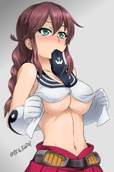 Rule 34 | 1girl, akito (sub707), bare shoulders, belt, blush, braid, breasts, brown hair, cleavage, commentary request, gloves, green eyes, grey background, highres, kantai collection, large breasts, long hair, mouth hold, navel, necktie, necktie in mouth, noshiro (kancolle), open clothes, open shirt, opened by self, pleated skirt, red skirt, school uniform, serafuku, simple background, skirt, solo, swept bangs, twin braids, twitter username, underboob, upper body, white gloves