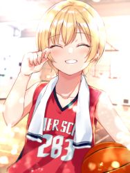 Rule 34 | 1girl, ball, bare shoulders, basketball, basketball (object), basketball uniform, blonde hair, blush, collarbone, commentary request, facing viewer, grin, happy tears, holding, holding ball, idolmaster, idolmaster shiny colors, saijo juri, shiitake taishi, short hair, smile, solo, sportswear, tearing up, tears, towel, towel around neck, upper body, very short hair, wiping tears