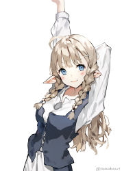 Rule 34 | 1girl, ahoge, arms behind head, arms up, blonde hair, blue eyes, blunt bangs, blush, braid, breasts, closed mouth, cowboy shot, dress, dress shirt, elf, eyebrows hidden by hair, hair ornament, hairclip, highres, leaning back, long hair, long sleeves, looking at viewer, medium breasts, original, pointy ears, shirt, simple background, smile, solo, stretched limb, stretching, sunako (veera), tareme, twin braids, twitter username