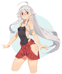 Rule 34 | 10s, 1girl, :3, ahoge, bare shoulders, breasts, chiya (urara meirochou), codename47, contrapposto, cropped legs, hair between eyes, hakama, hakama short skirt, hakama skirt, highres, hip vent, japanese clothes, long hair, looking at viewer, outstretched arms, outstretched hand, red eyes, sideboob, sidelocks, silver hair, simple background, skirt, small breasts, solo, standing, urara meirochou, very long hair