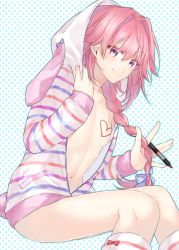 Rule 34 | 1boy, androgynous, animal hood, astolfo (fate), blush, braid, fate/apocrypha, fate/grand order, fate (series), hair ribbon, heart, highres, hood, hoodie, kan&#039;yu (citron 82), long hair, looking at viewer, male focus, marker, naked hoodie, pink hair, polka dot, polka dot background, purple eyes, rabbit hood, ribbon, single braid, smile, solo, striped clothes, striped hoodie, sweater, trap