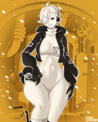 Rule 34 | 1girl, adjusting clothes, artist name, bodysuit, breasts, cameltoe, covered navel, elpipe 3000, eyelashes, gloves, greyscale with colored background, hair over one eye, helmet, highres, holding, holding helmet, jacket, large breasts, legs, looking at viewer, one piece, open mouth, shiny clothes, short hair, simple background, skin tight, smile, solo, thick thighs, thighs, vegapunk lilith, wide hips