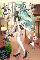 Rule 34 | 5girls, alternate costume, apron, black dress, black footwear, black wings, blue eyes, blue hair, bow, cafe, chair, closed mouth, collar, commentary request, day, demon wings, dress, enmaided, frilled apron, frilled collar, frilled dress, frilled legwear, frilled sleeves, frills, full body, grey hair, hair bow, high heels, high ponytail, holding, holding tray, holding wand, indoors, juliet sleeves, long hair, long sleeves, looking at viewer, looking back, maid, mini person, minigirl, multiple girls, napkin, napkin holder, natsuya (kuttuki), open mouth, plant, pointy ears, potted plant, puffy short sleeves, puffy sleeves, pumps, red eyes, short dress, short hair, short sleeves, side ponytail, smile, table, thighhighs, tray, twintails, venus blade, waist apron, wand, white apron, white legwear, wings, wrist cuffs