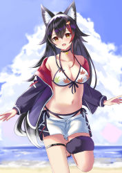 Rule 34 | 1girl, :d, animal ear fluff, animal ears, barefoot, bikini, bikini under clothes, black hair, black jacket, blue sky, blurry, blurry background, blush, brown eyes, cloud, cloudy sky, commentary request, day, depth of field, front-tie bikini top, front-tie top, hair between eyes, highres, hololive, horizon, jacket, leaf print, long hair, multicolored hair, natsuki (natukituki), navel, ocean, off shoulder, ookami mio, ookami mio (hololive summer 2019), open clothes, open fly, open jacket, open mouth, outdoors, print bikini, red hair, short shorts, shorts, side-tie bikini bottom, sky, smile, solo, standing, standing on one leg, streaked hair, swimsuit, tail, very long hair, virtual youtuber, water, white bikini, white shorts, wolf ears, wolf girl, wolf tail