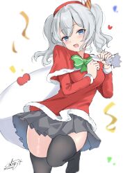 Rule 34 | 1girl, absurdres, black thighhighs, blue eyes, breasts, calin, capelet, confetti, fur-trimmed capelet, fur-trimmed shirt, fur trim, grey hair, grey skirt, heart, highres, kantai collection, kashima (kancolle), looking at viewer, medium breasts, one-hour drawing challenge, pleated skirt, red capelet, red shirt, sack, shirt, sidelocks, simple background, skirt, smile, solo, thighhighs, twintails, wavy hair, white background