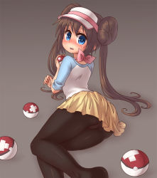 Rule 34 | 1girl, arm support, ass, blue eyes, blush, brown hair, brown panties, creatures (company), crossed bandaids, crying, crying with eyes open, double bun, from behind, game freak, hair bun, hat, holding, holding poke ball, kerchief, long hair, long sleeves, looking at viewer, looking back, lying, miniskirt, miruki, nintendo, on side, panties, panties under pantyhose, pantyhose, pantyshot, pink ribbon, poke ball, poke ball (basic), pokemon, pokemon bw2, raglan sleeves, ribbon, rosa (pokemon), shirt, skirt, sleeves pushed up, solo, t-shirt, tareme, teardrop, tears, thick thighs, thighs, underwear, visor cap, white hat, white shirt, yellow skirt
