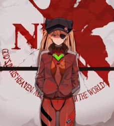Rule 34 | 1girl, artist request, blue eyes, bodysuit, breasts, brown hair, eyepatch, hair ornament, hands in pockets, highres, interface headset, long hair, long sleeves, looking at viewer, medium breasts, neon genesis evangelion, nerv, one eye covered, plugsuit, rebuild of evangelion, red bodysuit, shiny clothes, simple background, skin tight, solo, souryuu asuka langley, two side up, very long hair