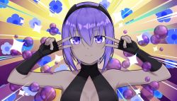 Rule 34 | 1girl, artist request, bare shoulders, black gloves, black hairband, black leotard, breasts, bubble, center opening, closed mouth, collarbone, dark-skinned female, dark skin, double v, elbow gloves, emotional engine - full drive, fate/grand order, fate/prototype, fate/prototype: fragments of blue and silver, fate (series), fingerless gloves, floral background, gloves, hair between eyes, hairband, hands up, hassan of serenity (fate), highres, leotard, looking at viewer, medium breasts, parody, purple background, purple eyes, purple hair, short hair, smile, solo, sparkle, sunburst, sunburst background, v, yellow background