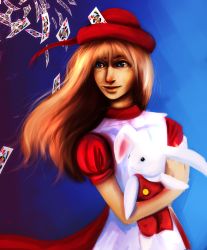 Rule 34 | abstract background, alice (alice in wonderland), alice in wonderland, benny bunny, blue eyes, card, commission, dress, dungarees, fushigi no kuni no alice, hat, highres, missleepify, pinafore dress, playing card, playing card theme, queen (playing card), queen of hearts (playing card), rabbit, realistic, sleeveless, sleeveless dress