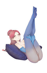 Rule 34 | 1girl, ass, between legs, blue gloves, blue pantyhose, breasts, cameltoe, earrings, elbow gloves, empty eyes, full body, gaoerji, gloves, gradient legwear, hair bun, hand between legs, highres, hugging own legs, jewelry, large breasts, legs together, legs up, lying, no panties, no shoes, on back, original, pantyhose, parted lips, pillow, plantar flexion, red hair, ribbed gloves, simple background, single hair bun, soles, solo, stud earrings, topless, white background, yellow eyes