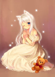 Rule 34 | 1girl, ;), absurdres, animal ears, bare shoulders, blue eyes, blush, brown background, cat ears, dress, highres, lace trim, long hair, looking at viewer, one eye closed, original, own hands together, red ribbon, ribbon, sitting, smile, solo, stuffed animal, stuffed toy, teddy bear, tsubasa tsubasa, white dress, white hair, wink
