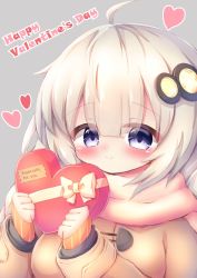 Rule 34 | 1girl, ahoge, bad id, bad pixiv id, blush, bow, box, breasts, brown jacket, commentary request, english text, gift, gift box, grey background, grey hair, hair between eyes, hair ornament, happy valentine, heart, heart-shaped box, highres, holding, holding gift, jacket, kizuna akari, long hair, long sleeves, medium breasts, pink scarf, purple eyes, scarf, simple background, sleeves past wrists, solo, upper body, valentine, voiceroid, waste (arkaura), white bow