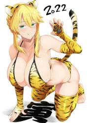 Rule 34 | 1girl, alternate costume, artoria pendragon (fate), artoria pendragon (lancer) (fate), ass, bare shoulders, bikini, blonde hair, blush, braid, breasts, butt crack, cleavage, closed mouth, collarbone, fate/grand order, fate (series), french braid, green eyes, hair between eyes, huge breasts, long hair, looking at viewer, puffy cheeks, sidelocks, soba (saz), solo, swimsuit, thighhighs