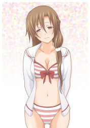 Rule 34 | 10s, 1girl, asuna (sao), bikini, blush, breasts, brown eyes, brown hair, cleavage, front-tie top, hood, hoodie, jacket, large breasts, long hair, navel, open clothes, open jacket, poruporu, smile, solo, striped bikini, striped clothes, swimsuit, sword art online
