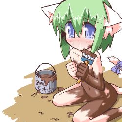 Rule 34 | 1girl, animal ears, bodypaint, chocolate, food as clothes, green hair, lowres, nude, oekaki, solo, tail