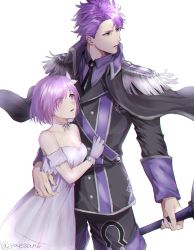 Rule 34 | 1boy, 1girl, alternate costume, bad id, bad twitter id, bare shoulders, breasts, cleavage, commentary request, dress, eyes visible through hair, fate/grand order, fate (series), father and daughter, gloves, hair over one eye, highres, holding, holding sword, holding weapon, lancelot (fate/grand order), lancelot (formal dress) (fate), long sleeves, looking at another, mash kyrielight, mash kyrielight (formal dress), official alternate costume, purple eyes, purple hair, short hair, simple background, standing, sword, twitter username, weapon, white background, white dress, white gloves, yaesan6