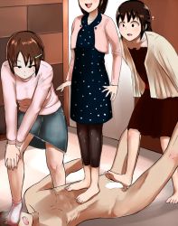 Rule 34 | 1boy, 3girls, barefoot, blush, breasts, brown hair, censored, clothed female nude male, dress, feet, femdom, flat chest, foot on head, footjob, long hair, multiple girls, no shoes, nude, open mouth, penis, skirt, smell, smile, socks, trample, warumajirowarumajiro