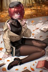 Rule 34 | 1girl, ange katrina, autumn leaves, black dress, black hat, blue eyes, blush, book, brown jacket, brown pantyhose, dress, full body, hair intakes, hair over one eye, hat, highres, jacket, kamitoge supino, long sleeves, looking at viewer, nijisanji, off shoulder, open book, open clothes, open jacket, open mouth, outdoors, pantyhose, red hair, shoes, solo, virtual youtuber, war
