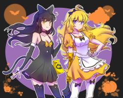 Rule 34 | 2girls, ahoge, bear, black hair, blake belladonna, blonde hair, bow, breasts, cat tail, check commentary, cleavage, commentary request, fang, goldilocks, goldilocks and the three bears, hair bow, halloween, halloween costume, iesupa, multiple girls, prosthesis, prosthetic arm, pumpkin, purple eyes, rwby, scrunchie, stuffed animal, stuffed toy, tail, teddy bear, thighhighs, yang xiao long, yellow eyes