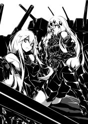 Rule 34 | 10s, 2girls, :&lt;, abyssal ship, aircraft carrier oni, aircraft carrier water oni, armor, armored boots, boots, deel (rkeg), detached sleeves, dress, gauntlets, gein, greyscale, hair ornament, high heel boots, high heels, highres, kantai collection, long hair, machinery, monochrome, multiple girls, one side up, ribbed dress, sailor dress, short dress, sitting, smile, thigh boots, thighhighs, turret, very long hair, zettai ryouiki