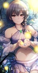 Rule 34 | 1girl, bare shoulders, bikini, bikini skirt, braid, breasts, bug, fireflies, floral print, from above, grass, hair between eyes, hair ornament, hair over shoulder, halterneck, highres, idolmaster, idolmaster shiny colors, in water, purple bikini, lavender skirt, lavender swimsuit, light blush, looking at viewer, lying, morino rinze, navel, on back, otsumami (otsu-mugi), outdoors, own hands together, pleated skirt, purple bikini, purple hair, red eyes, sarong, single braid, skirt, small breasts, smile, solo, swimsuit, tankini, wet, wet clothes, wet swimsuit