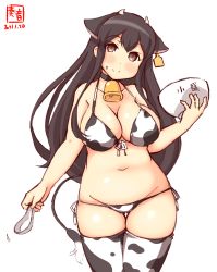 Rule 34 | 1girl, akagi (kancolle), alternate costume, animal ears, animal print, artist logo, bikini, breasts, cleavage, commentary request, cow ears, cow horns, cow print, cow tail, cowboy shot, dated, ear tag, fake animal ears, fake horns, gluteal fold, groin, highres, horns, kanon (kurogane knights), kantai collection, large breasts, looking at viewer, lowleg, lowleg bikini, navel, shamoji, side-tie bikini bottom, simple background, solo, standing, swimsuit, tail, thigh gap, thighhighs, white background, white bikini, white thighhighs