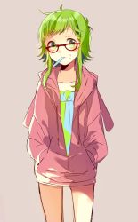 Rule 34 | 1girl, animal hood, bad id, bad pixiv id, rabbit hood, food, food on face, glasses, green eyes, green hair, gumi, hands in pockets, hood, hoodie, matching hair/eyes, popsicle stick, short hair, solo, vocaloid, yamori shiki