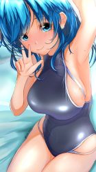 Rule 34 | 1girl, armpits, blue eyes, blue hair, blue one-piece swimsuit, breasts, commentary request, competition swimsuit, cowboy shot, garter-velvet, grey one-piece swimsuit, highres, large breasts, long hair, looking at viewer, mole, mole on arm, mole on breast, mole under eye, one-piece swimsuit, original, selfie, sideboob, sitting, smile, solo, swimsuit, v