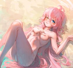Rule 34 | 1girl, absurdres, ahoge, bare arms, blue archive, blue eyes, breasts, furioso, halo, heterochromia, highres, hoshino (blue archive), long hair, looking at viewer, lying, nipples, on back, open mouth, pink hair, small breasts, solo, topless, yellow eyes