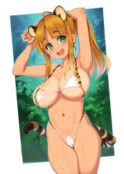 Rule 34 | 1girl, ahoge, animal ears, animal print, armpits, arms up, bikini, blush, breasts, bush, character request, copyright request, green eyes, large breasts, long hair, looking at viewer, micro bikini, open mouth, orange hair, ponytail, ryoji (nomura ryouji), smile, solo, swimsuit, tail, thighhighs, tiger ears, tiger print, tiger tail, wet