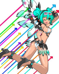 Rule 34 | 1girl, ass, bad id, bad pixiv id, bikini, blush, butt crack, double bun, eyewear on head, fang, fingerless gloves, glasses, gloves, goodsmile company, goodsmile racing, green eyes, green hair, hair bun, hatsune miku, headset, heart hair bun, high heels, highres, kneeling, kusunose, looking at viewer, looking back, matching hair/eyes, mechanical wings, nail polish, one eye closed, open mouth, race queen, racing miku, racing miku (2013), shiny skin, solo, sunglasses, swimsuit, tan, tanline, v, vocaloid, wings, wink