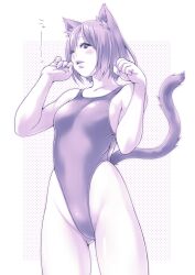 Rule 34 | 1girl, absurdres, animal ears, breasts, cat ears, cat tail, competition swimsuit, cowboy shot, gluteal fold, highleg, highleg swimsuit, highres, looking at viewer, macosee, medium breasts, monochrome, one-piece swimsuit, one eye closed, original, paw pose, purple theme, short hair, solo, standing, swimsuit, tail